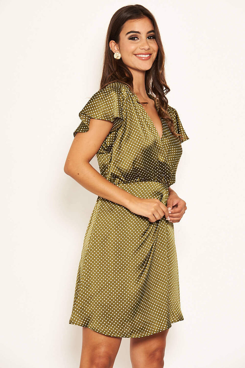 Olive Polka Dot Pleated Wrap Dress – AX Paris